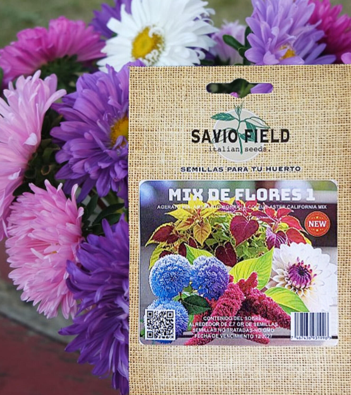 Mix de Flores 1, contiene semillas de flores de, Agerato Nano Blue, Coleus, Borraja, Aster California Mix, Amaranto.